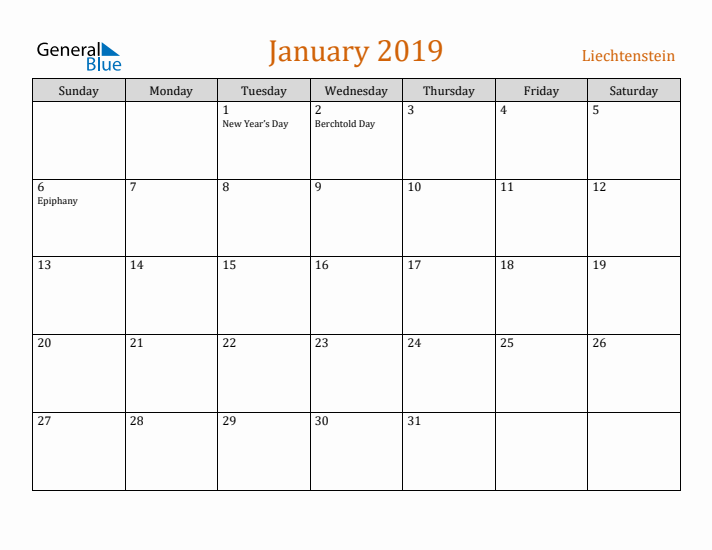 January 2019 Holiday Calendar with Sunday Start