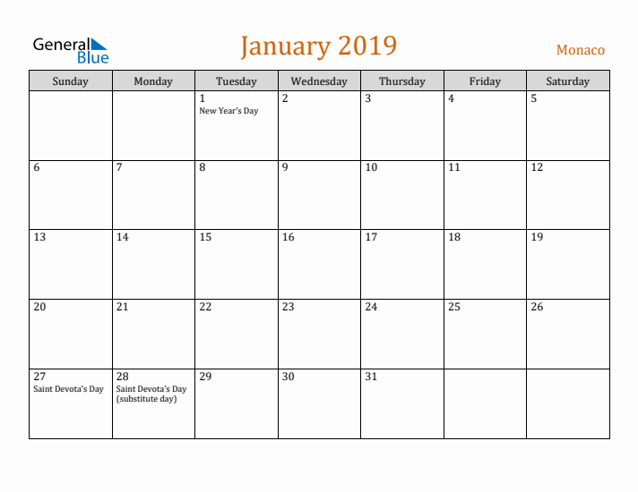 January 2019 Holiday Calendar with Sunday Start