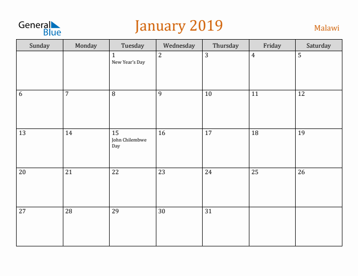 January 2019 Holiday Calendar with Sunday Start