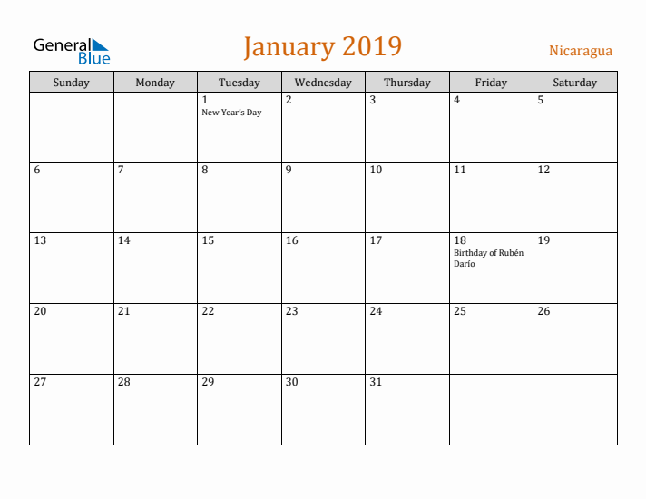 January 2019 Holiday Calendar with Sunday Start