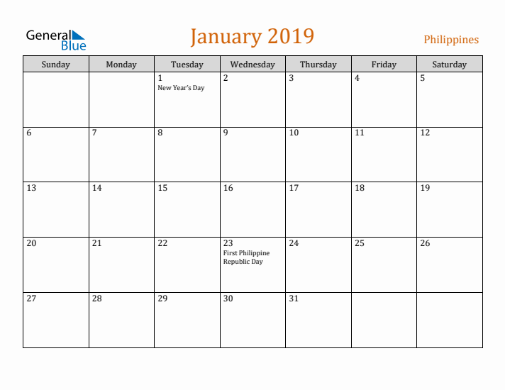 January 2019 Holiday Calendar with Sunday Start