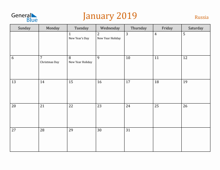 January 2019 Holiday Calendar with Sunday Start