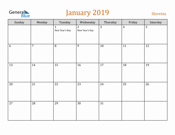 January 2019 Holiday Calendar with Sunday Start