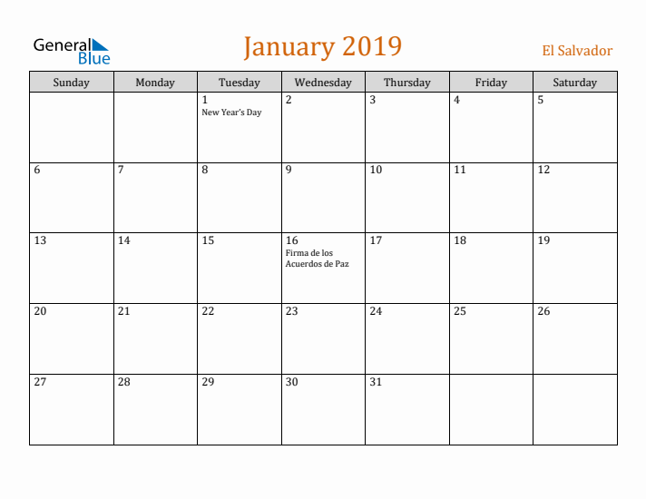 January 2019 Holiday Calendar with Sunday Start