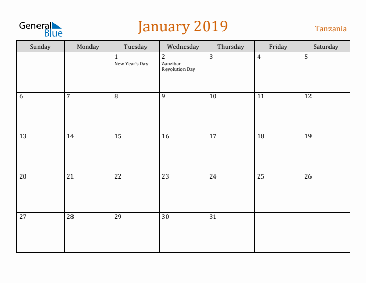 January 2019 Holiday Calendar with Sunday Start