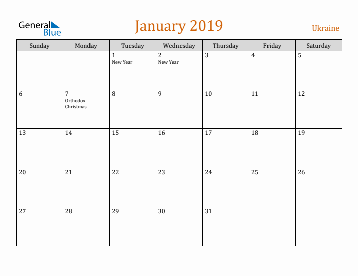 January 2019 Holiday Calendar with Sunday Start