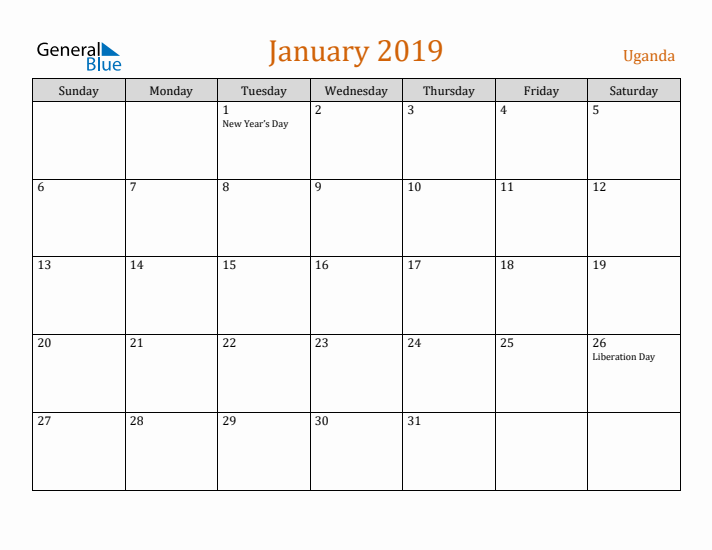 January 2019 Holiday Calendar with Sunday Start