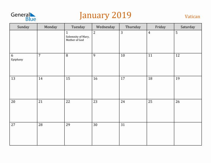 January 2019 Holiday Calendar with Sunday Start