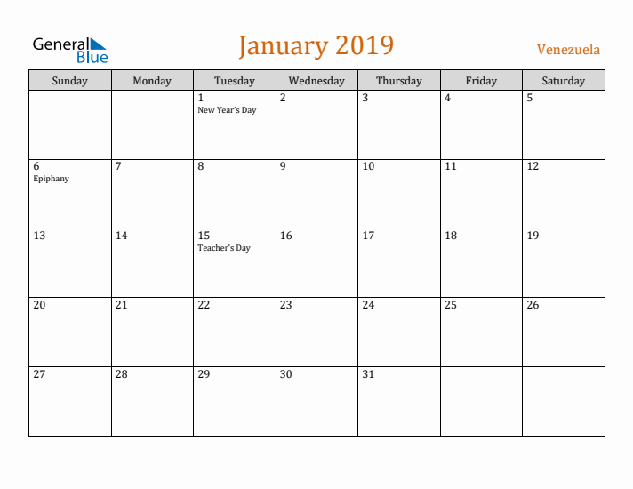 January 2019 Holiday Calendar with Sunday Start