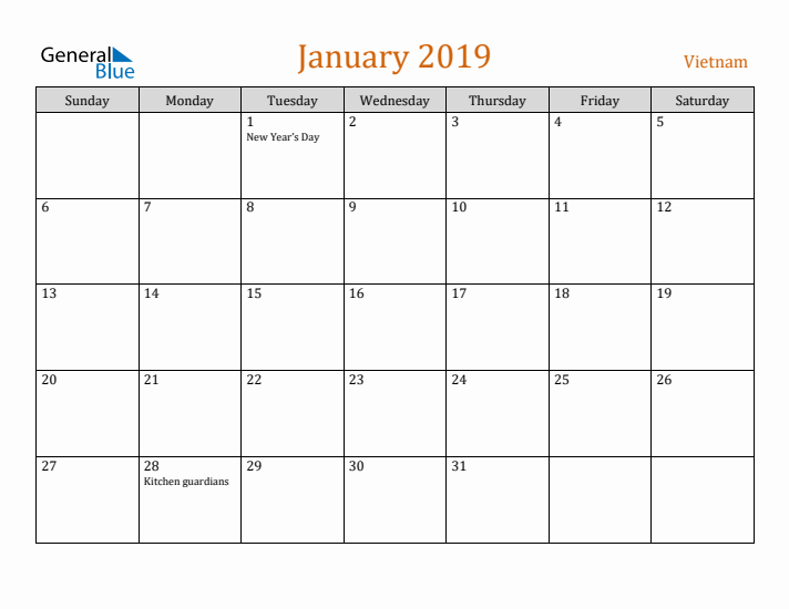 January 2019 Holiday Calendar with Sunday Start