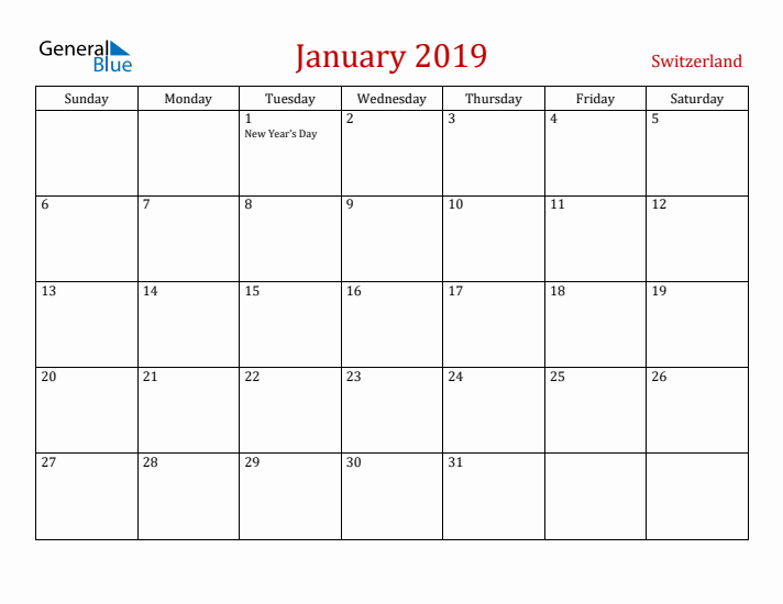 Switzerland January 2019 Calendar - Sunday Start