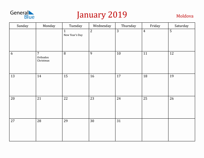 Moldova January 2019 Calendar - Sunday Start