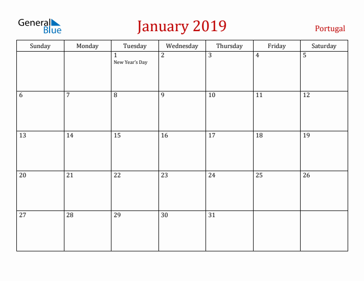 Portugal January 2019 Calendar - Sunday Start