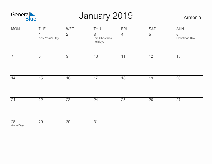 Printable January 2019 Calendar for Armenia