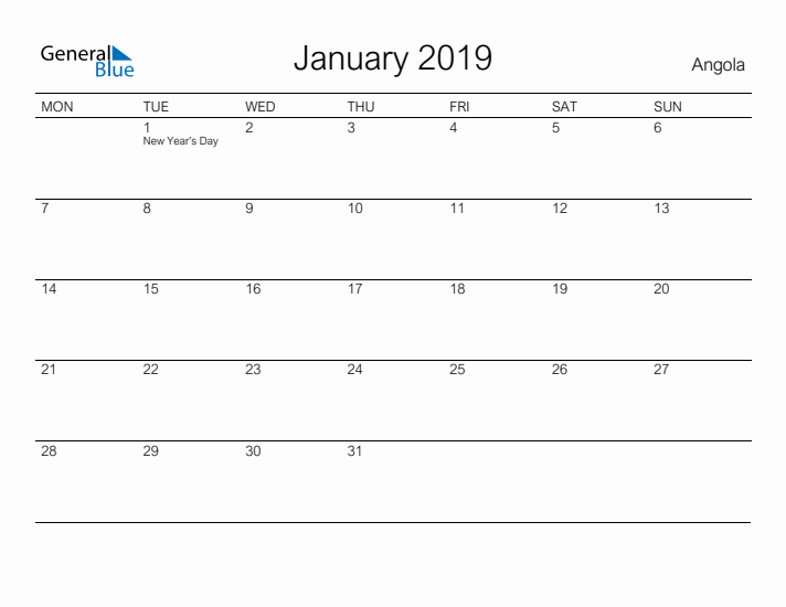 Printable January 2019 Calendar for Angola