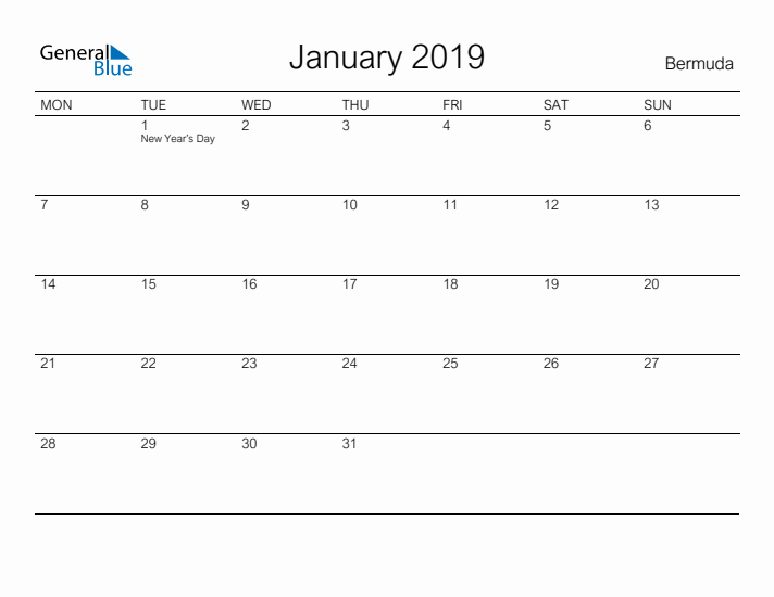 Printable January 2019 Calendar for Bermuda