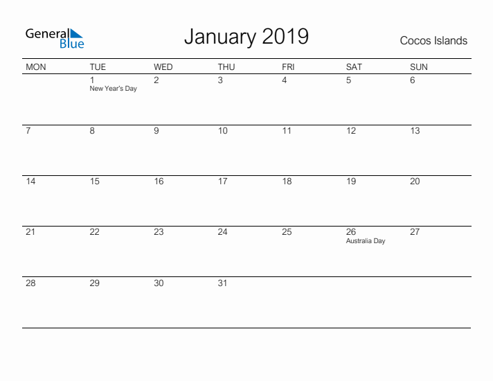 Printable January 2019 Calendar for Cocos Islands