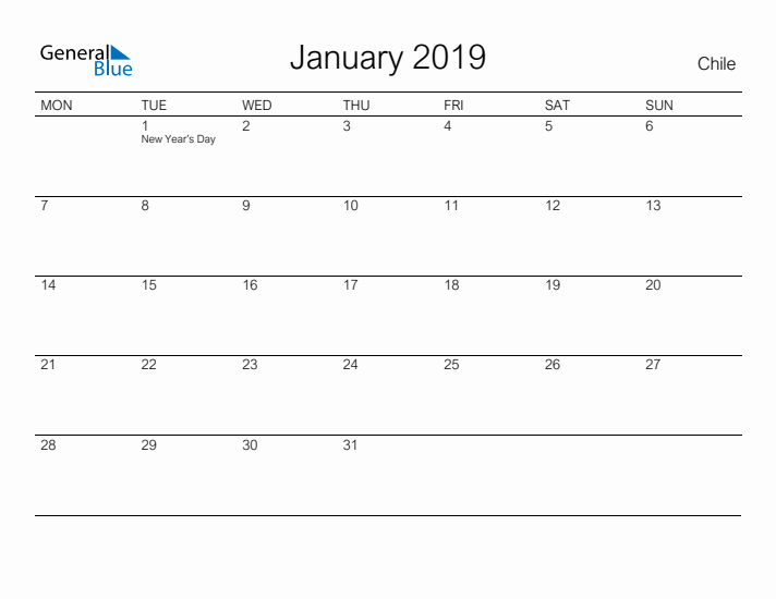 Printable January 2019 Calendar for Chile
