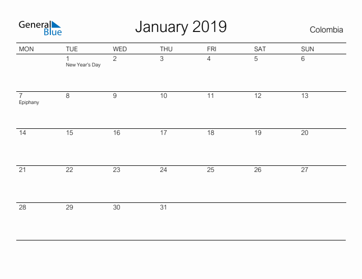 Printable January 2019 Calendar for Colombia