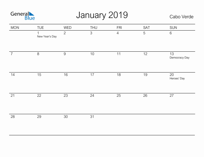 Printable January 2019 Calendar for Cabo Verde