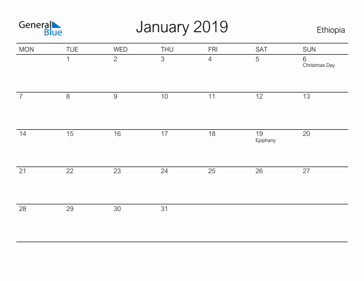 Printable January 2019 Calendar for Ethiopia