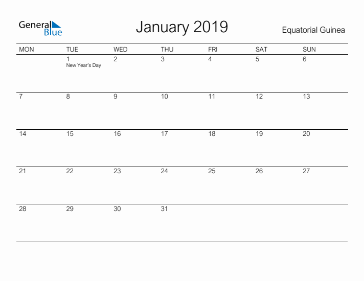 Printable January 2019 Calendar for Equatorial Guinea