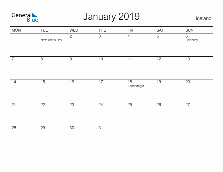 Printable January 2019 Calendar for Iceland