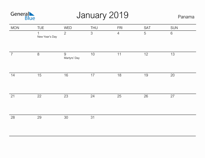 Printable January 2019 Calendar for Panama