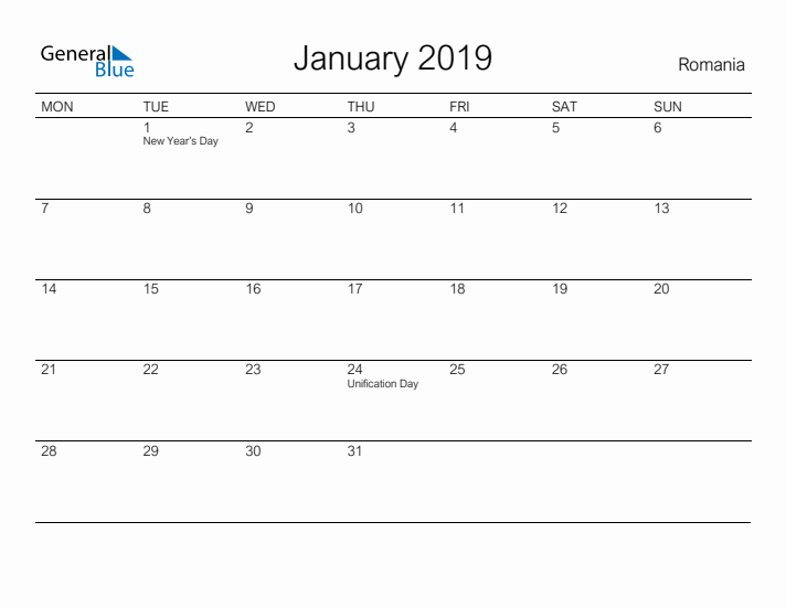 Printable January 2019 Calendar for Romania