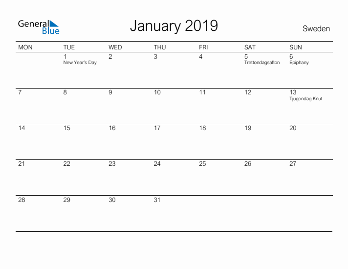 Printable January 2019 Calendar for Sweden