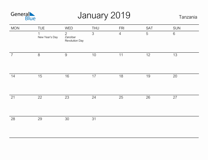 Printable January 2019 Calendar for Tanzania