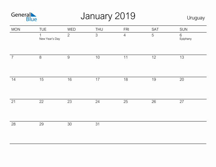 Printable January 2019 Calendar for Uruguay