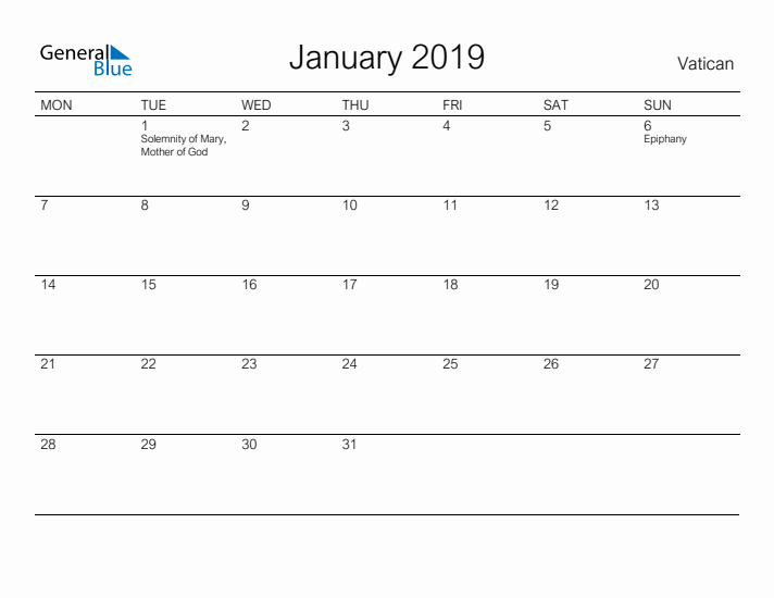 Printable January 2019 Calendar for Vatican