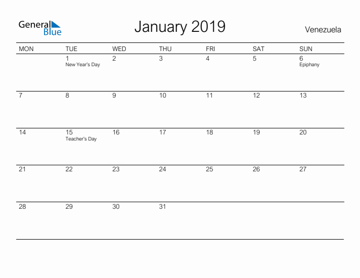 Printable January 2019 Calendar for Venezuela