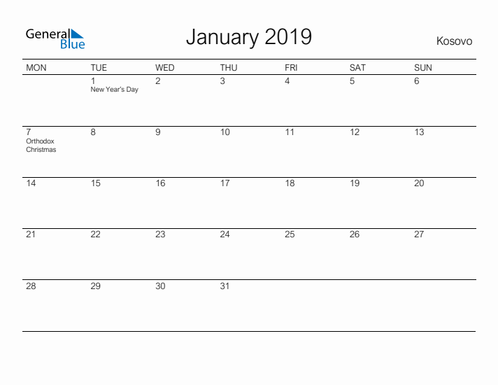 Printable January 2019 Calendar for Kosovo