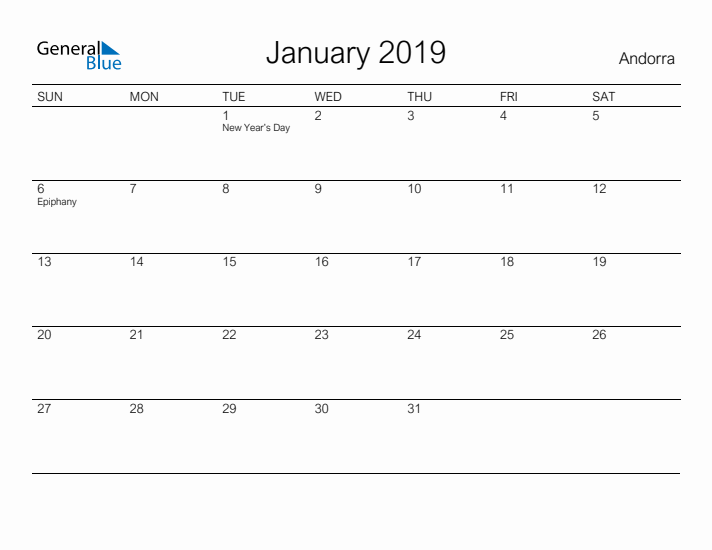 Printable January 2019 Calendar for Andorra