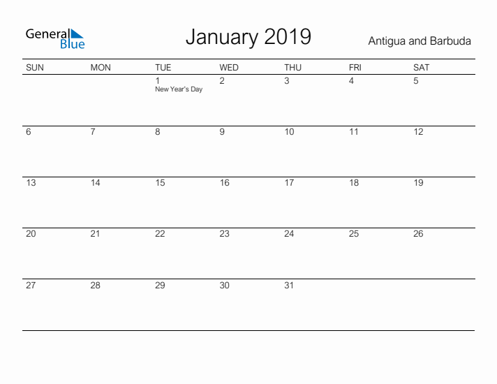 Printable January 2019 Calendar for Antigua and Barbuda