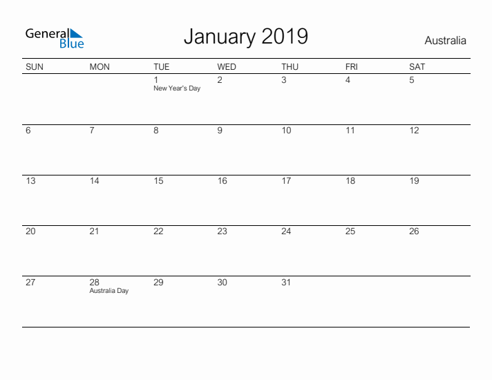 Printable January 2019 Calendar for Australia