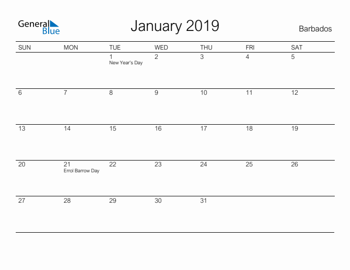 Printable January 2019 Calendar for Barbados