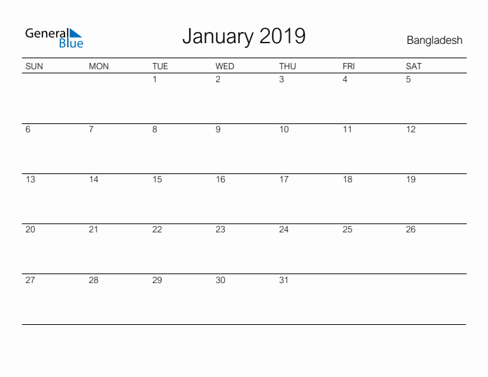 Printable January 2019 Calendar for Bangladesh