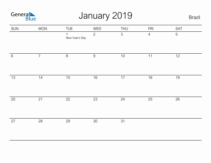 Printable January 2019 Calendar for Brazil