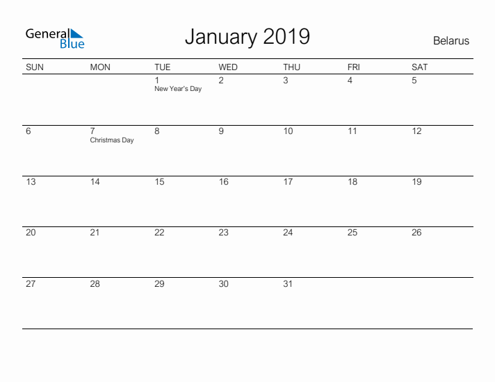 Printable January 2019 Calendar for Belarus