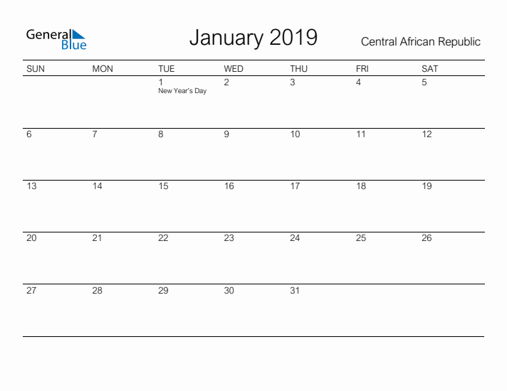 Printable January 2019 Calendar for Central African Republic