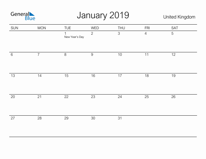 Printable January 2019 Calendar for United Kingdom