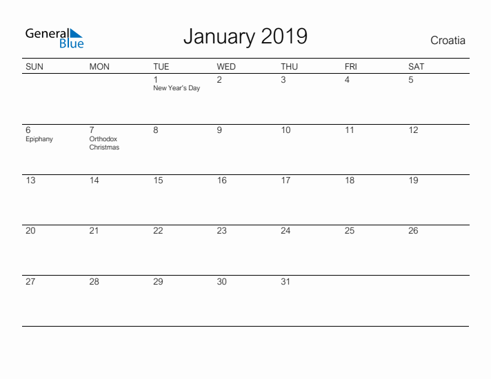 Printable January 2019 Calendar for Croatia