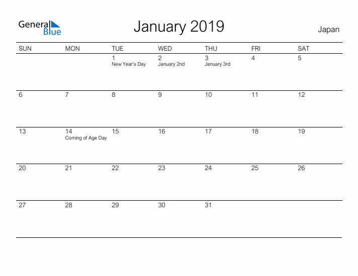 Printable January 2019 Calendar for Japan