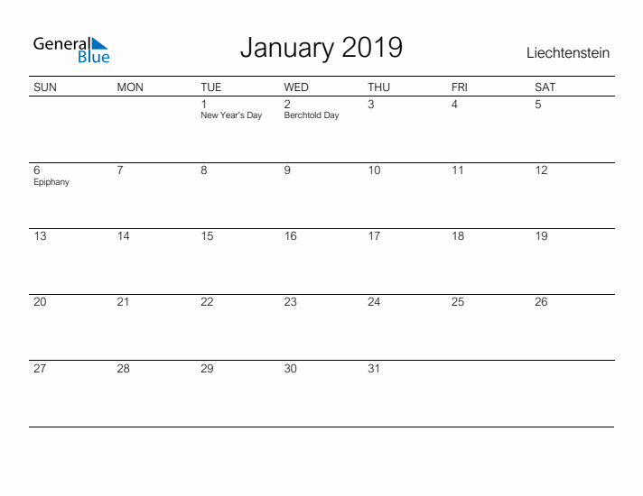 Printable January 2019 Calendar for Liechtenstein