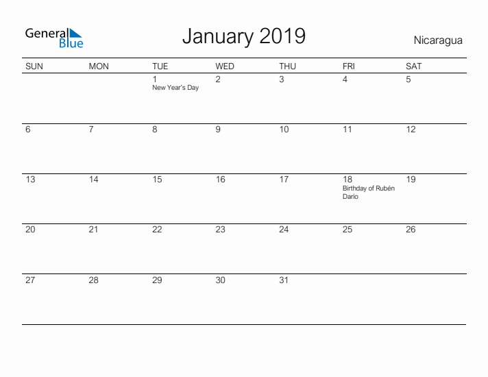 Printable January 2019 Calendar for Nicaragua