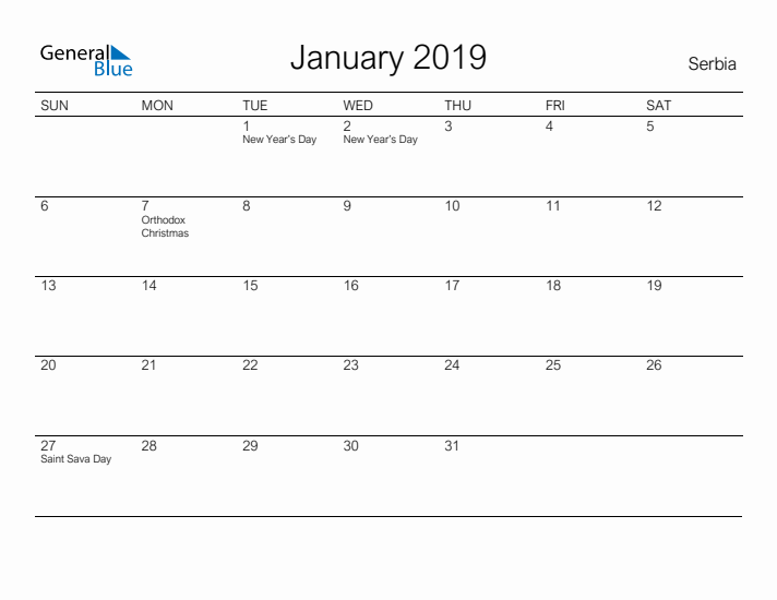 Printable January 2019 Calendar for Serbia