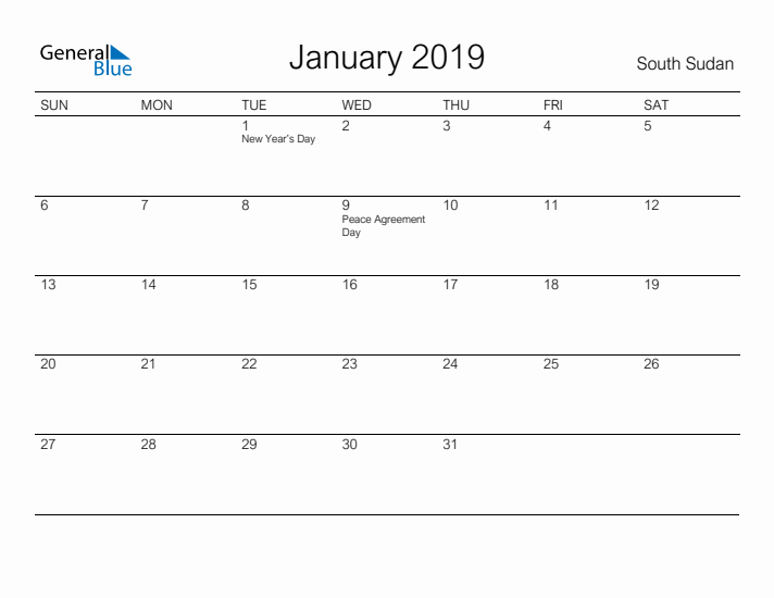 Printable January 2019 Calendar for South Sudan